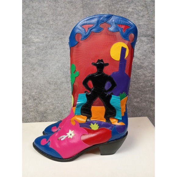 Zalo Womens 8.5 M Sunset Mesh Western Cowboy Boots Colorful Leather Vibrant VTG - Picture 6 of 16